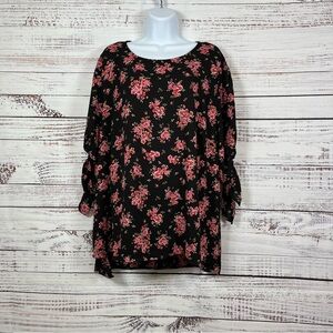 CeCe Black Floral V Neck Short Tie Sleeve Blouse